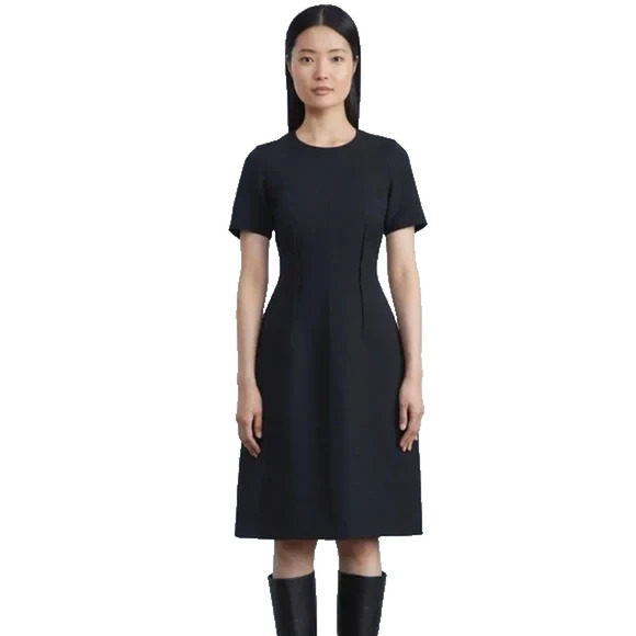 LAFAYETTE 148 Wool Silk Crepe Flared Dress Black Short Sleeve Crew Neck 14 L